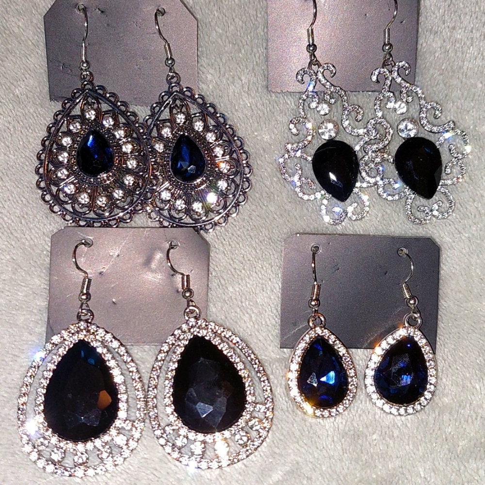 Blue & Black Rhinestone Earrings Set of 4